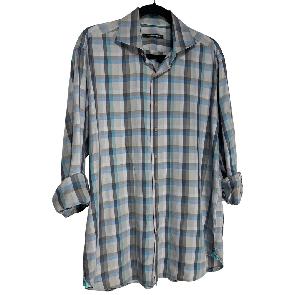 Hammer Made Plaid Cotton Long Sleeve Button Down Shirt Blue Gray  Size 43/17 EUC